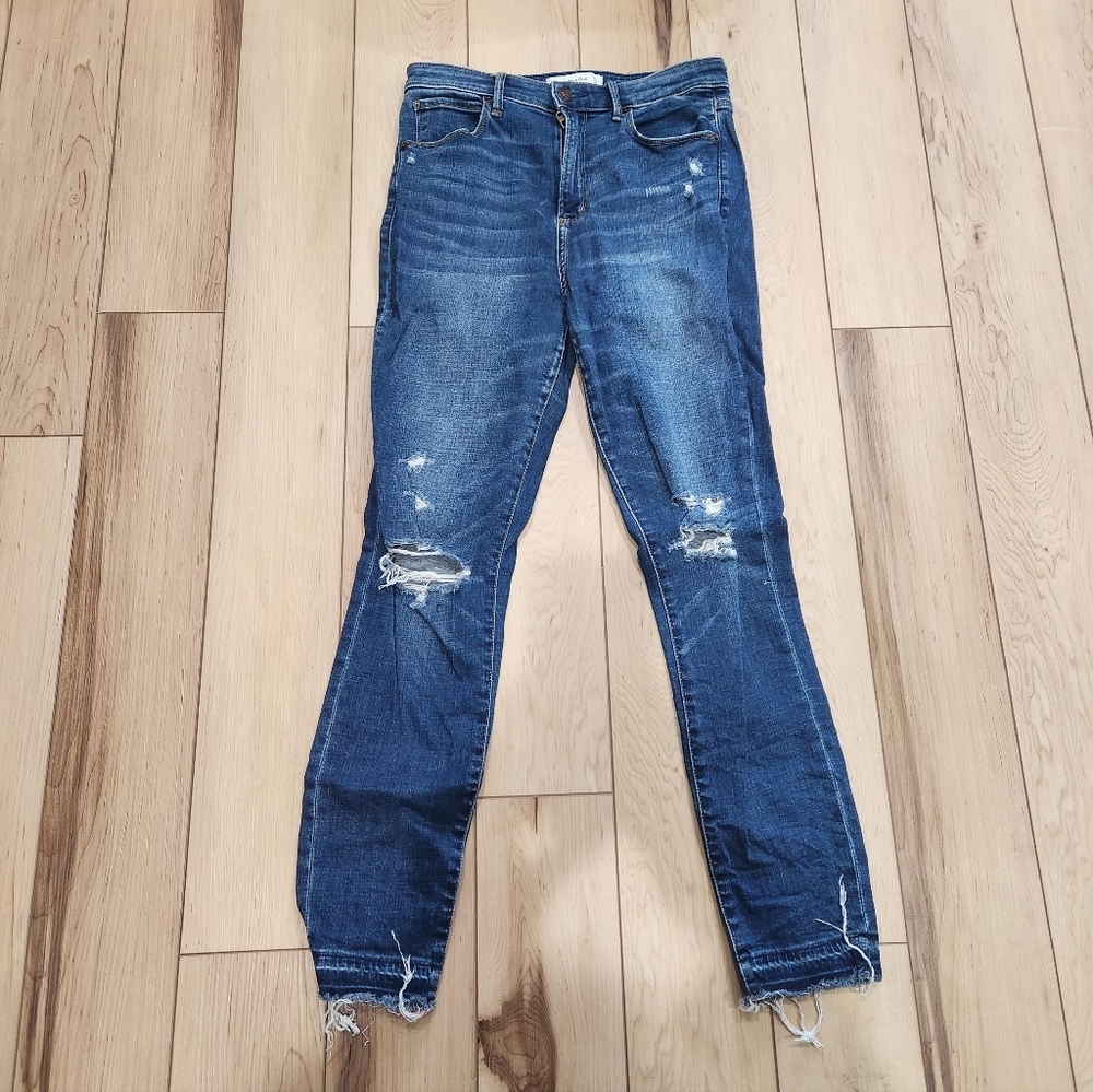 Abercrombie & Fitch Women's Dark Blue Distressed High Rise Skinny Ankle Jeans